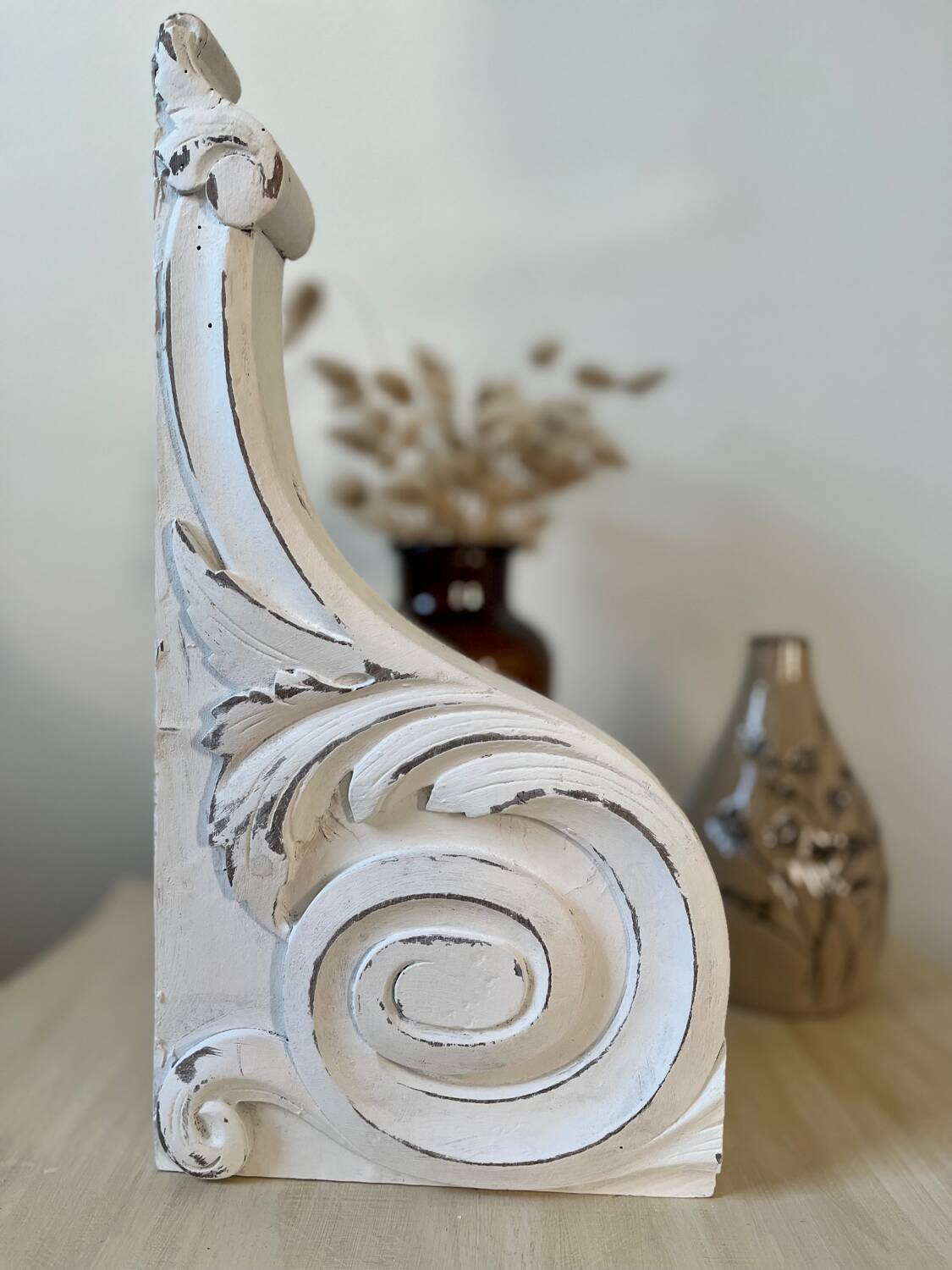 Shabby chic white patina pediment woodwork