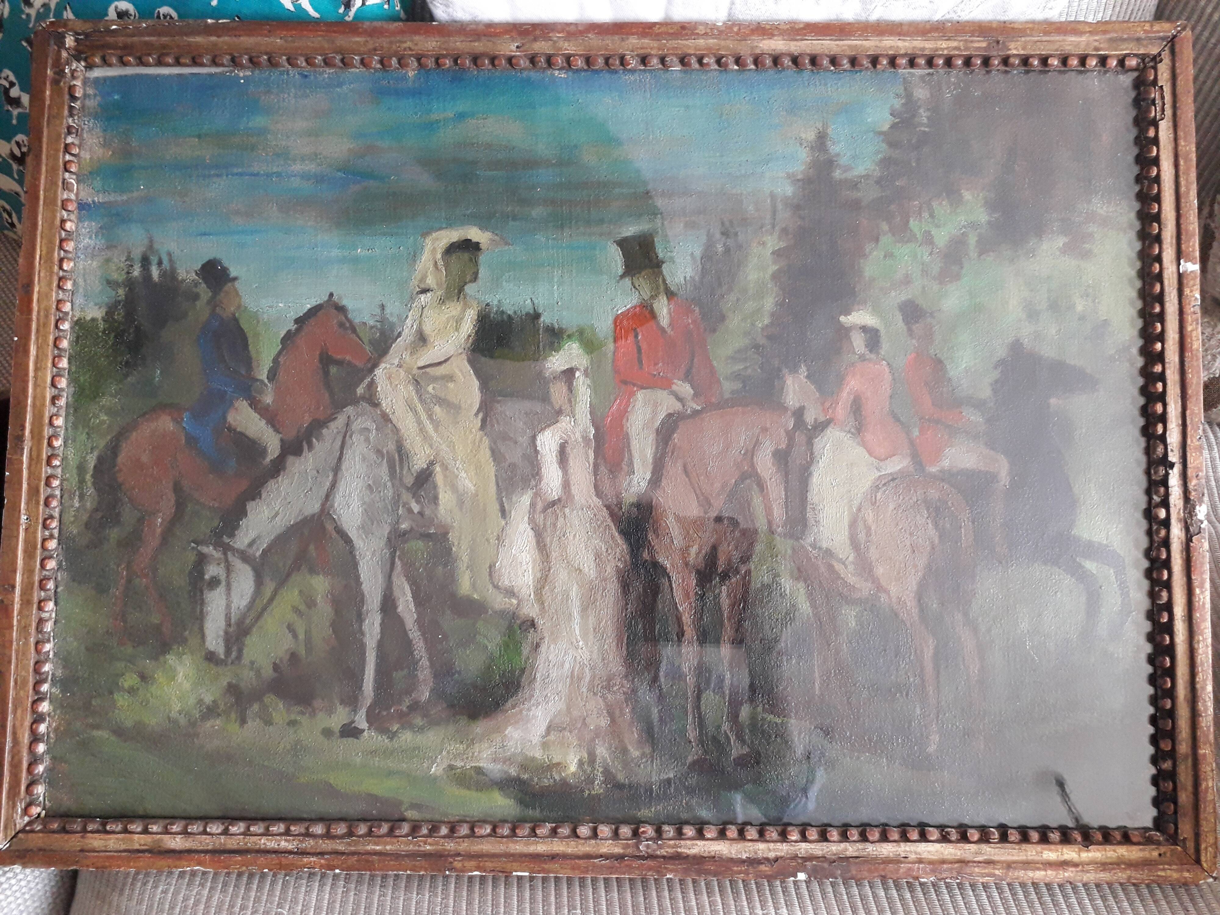 Old oil painting representing an equestrian scene