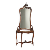 Antique console in mahogany, velvet and glass, Italy, 19th century.