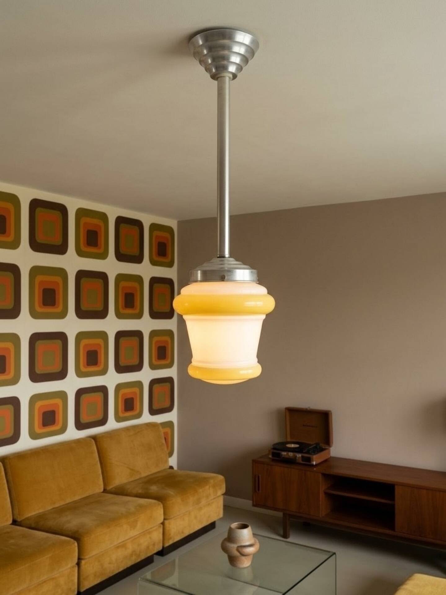 suspension  opaline blanche et jaune | space age - art déco 1950