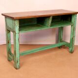 Old Burmese teak school chair and set original green patina, height under desk