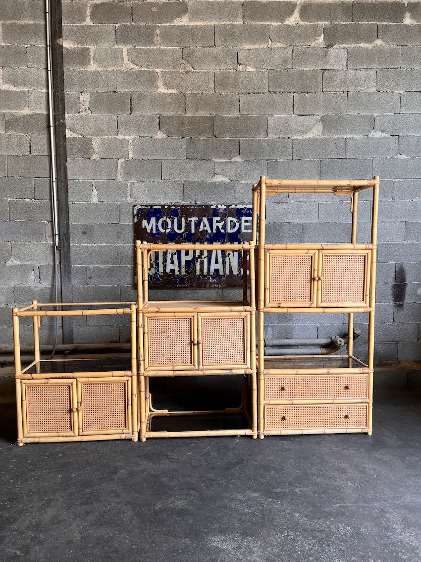 Bookcase, cannage in 3 modules and smoked glass trays - 70s