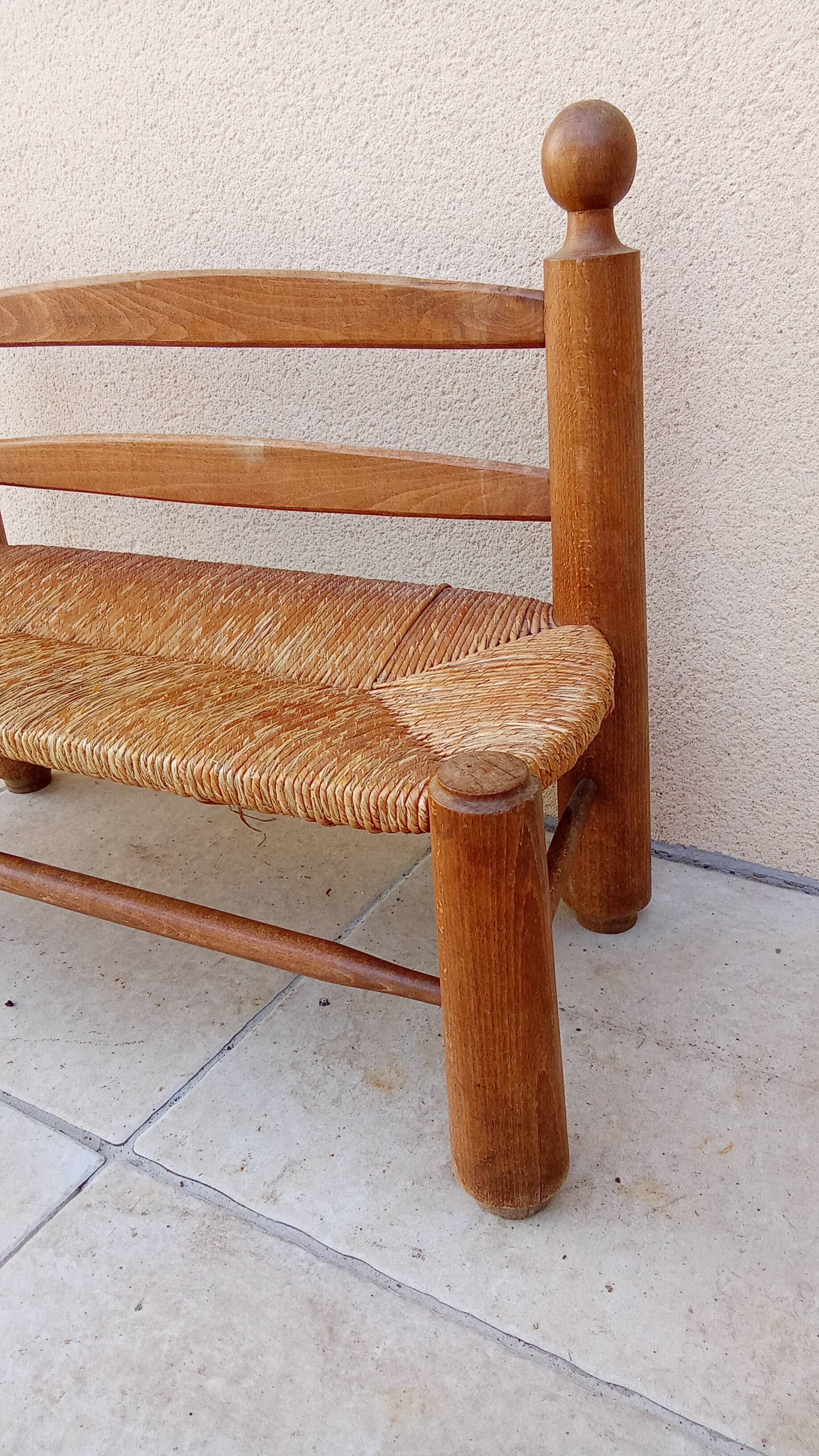 Banc vintage bois et paille esprit perriand année 50