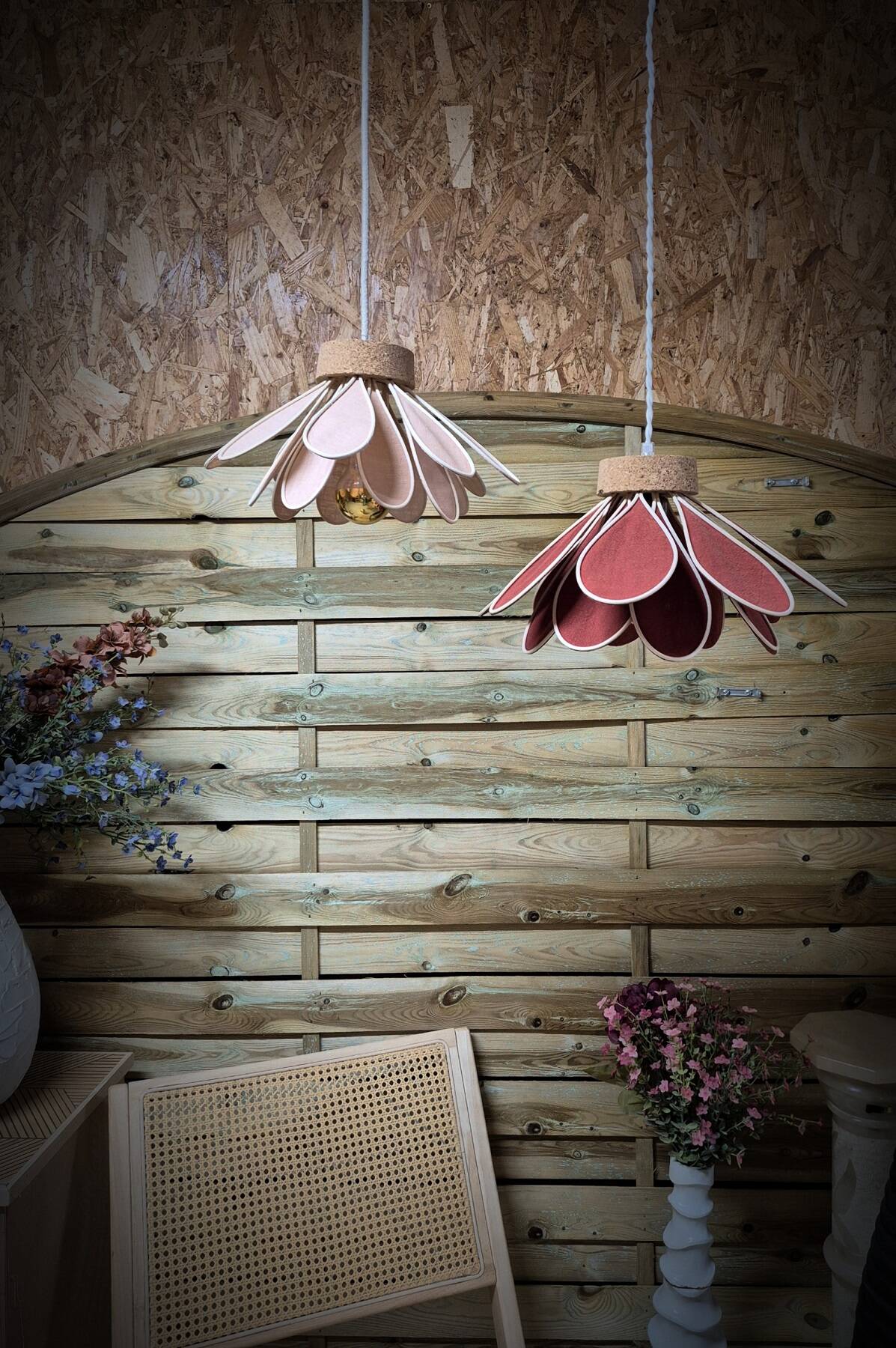 Iris flower pendant, 16 petals in terracotta rattan and linen.