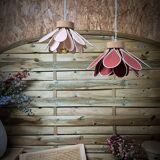 Iris flower pendant, 16 petals in terracotta rattan and linen.