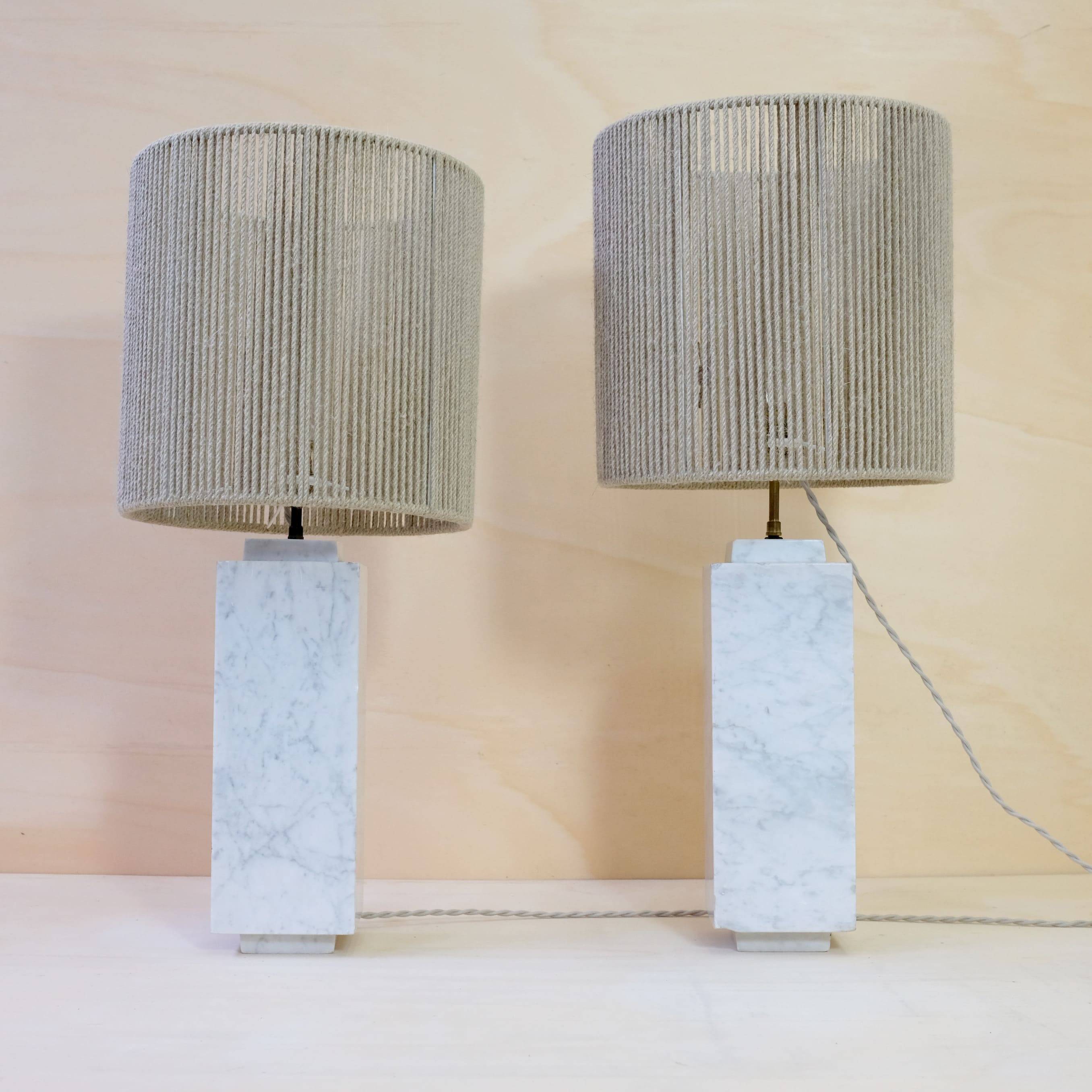 Pair of marble lamps from the 60s and their rope lampshades.