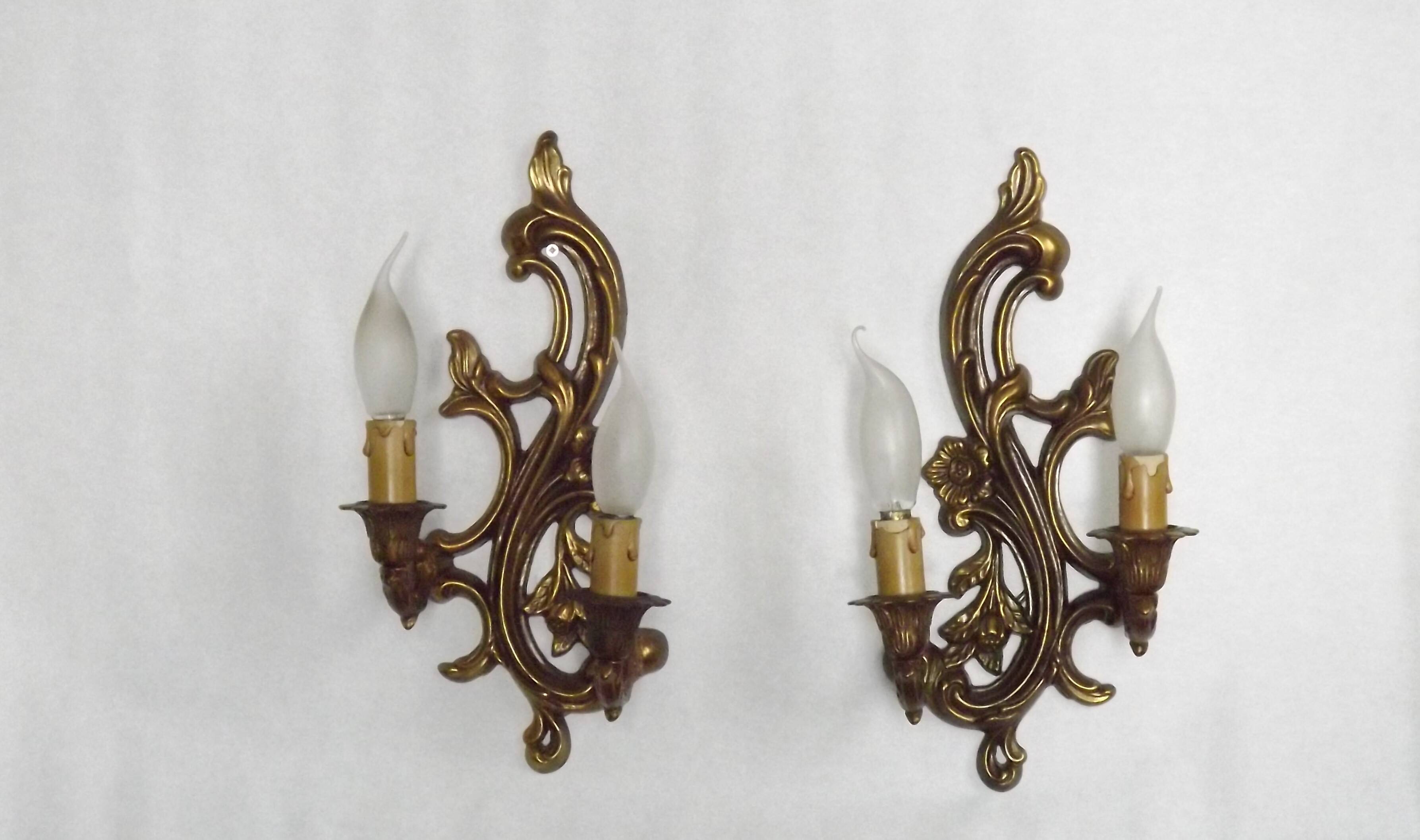 Pair Vintage French Bronze Double Wall Lights Acanthus Leaf & Flower Detail