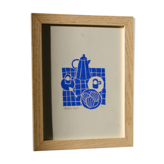 Blue coffee, original linocut 18 x 24 cm