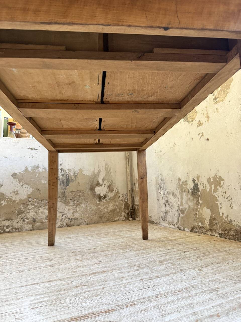1950s pine and oak farmhouse table with multiple drawers