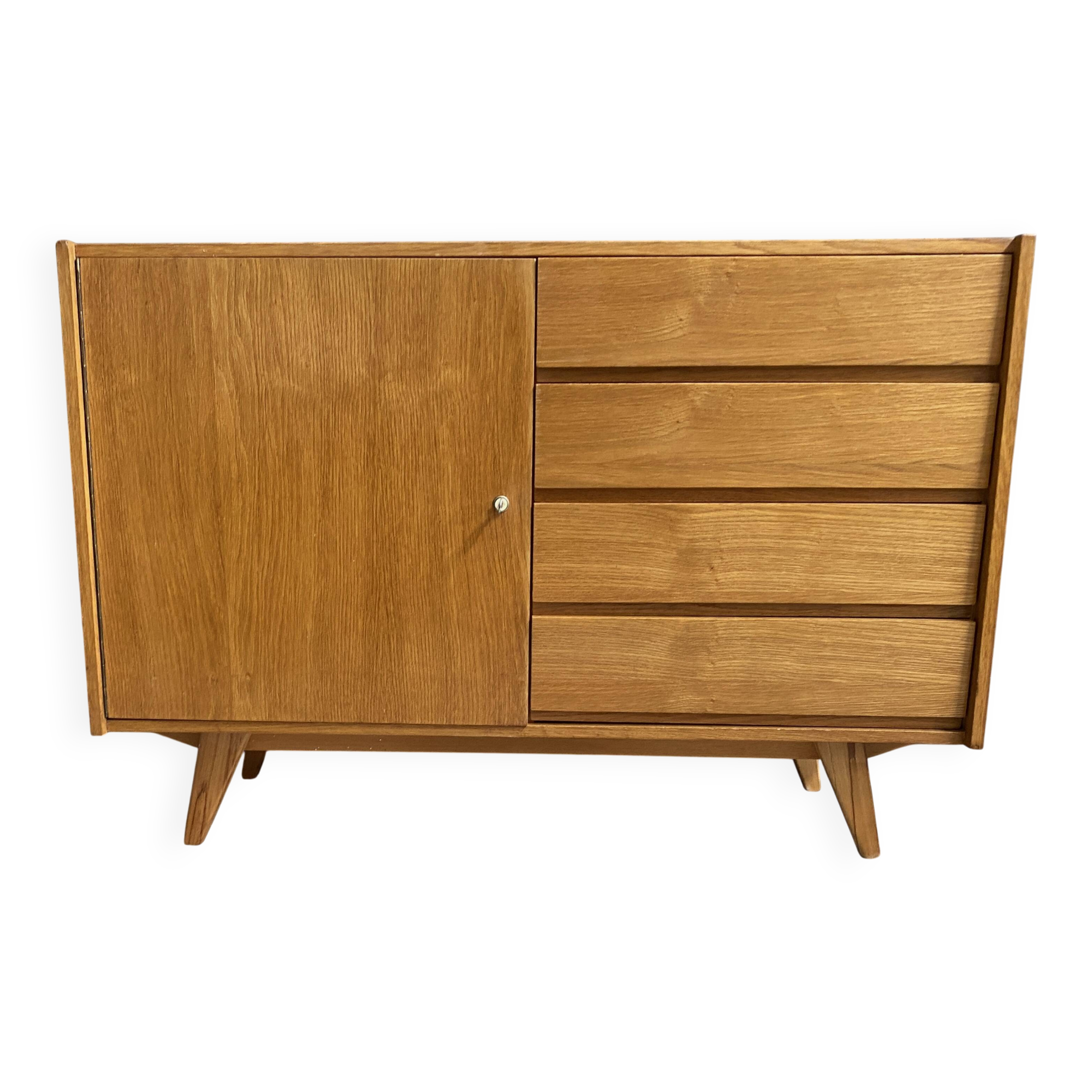 Blonde wood buffet Jiri Jiroutek, model U458 from the 1960s, with 4 drawers and a door.