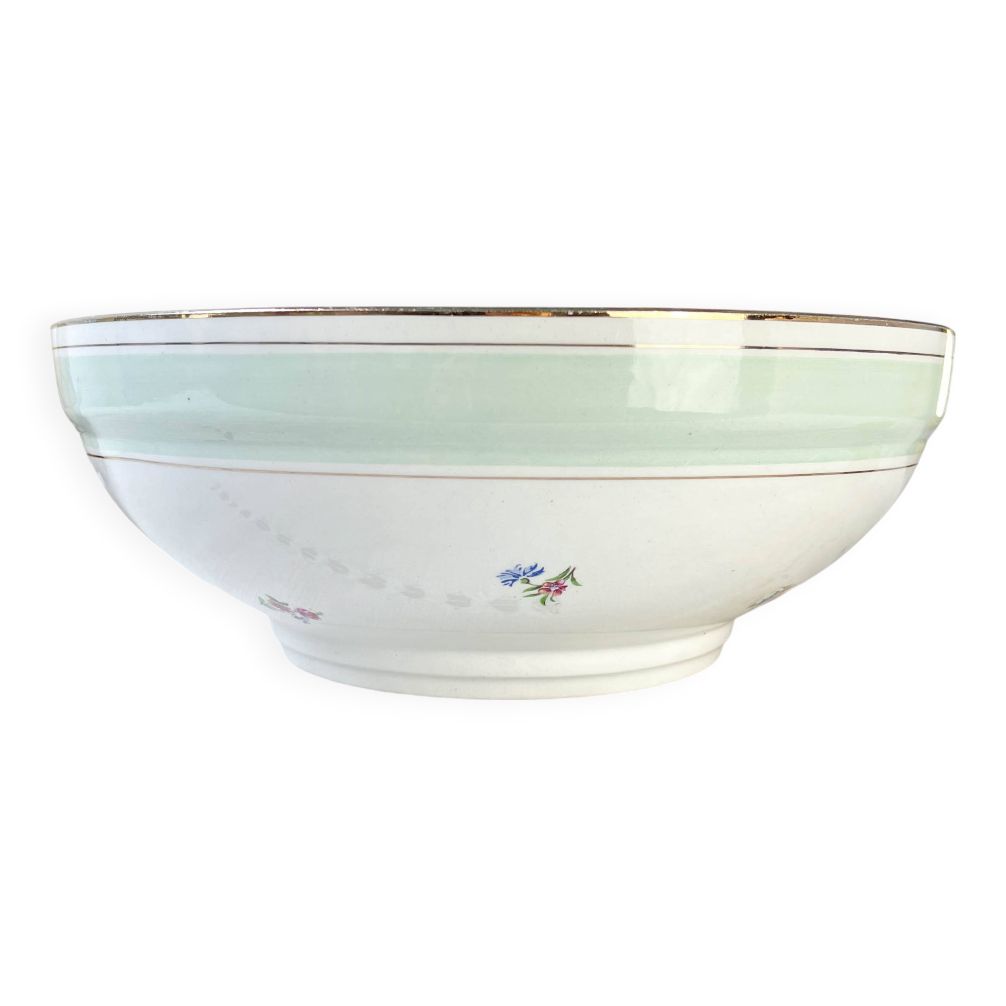 Vintage white and green floral porcelain salad bowl SALINS 66 from the 1950s