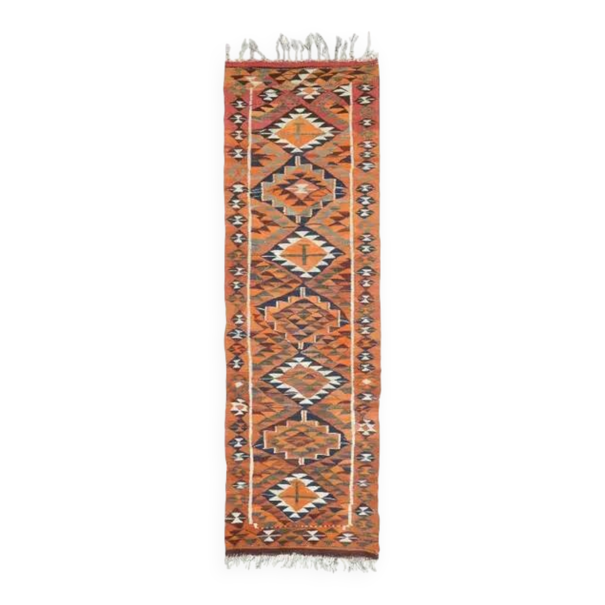 1970s Vintage Turkish Hand-Knotted Wool Cotton Orange Runner Rug 104x338