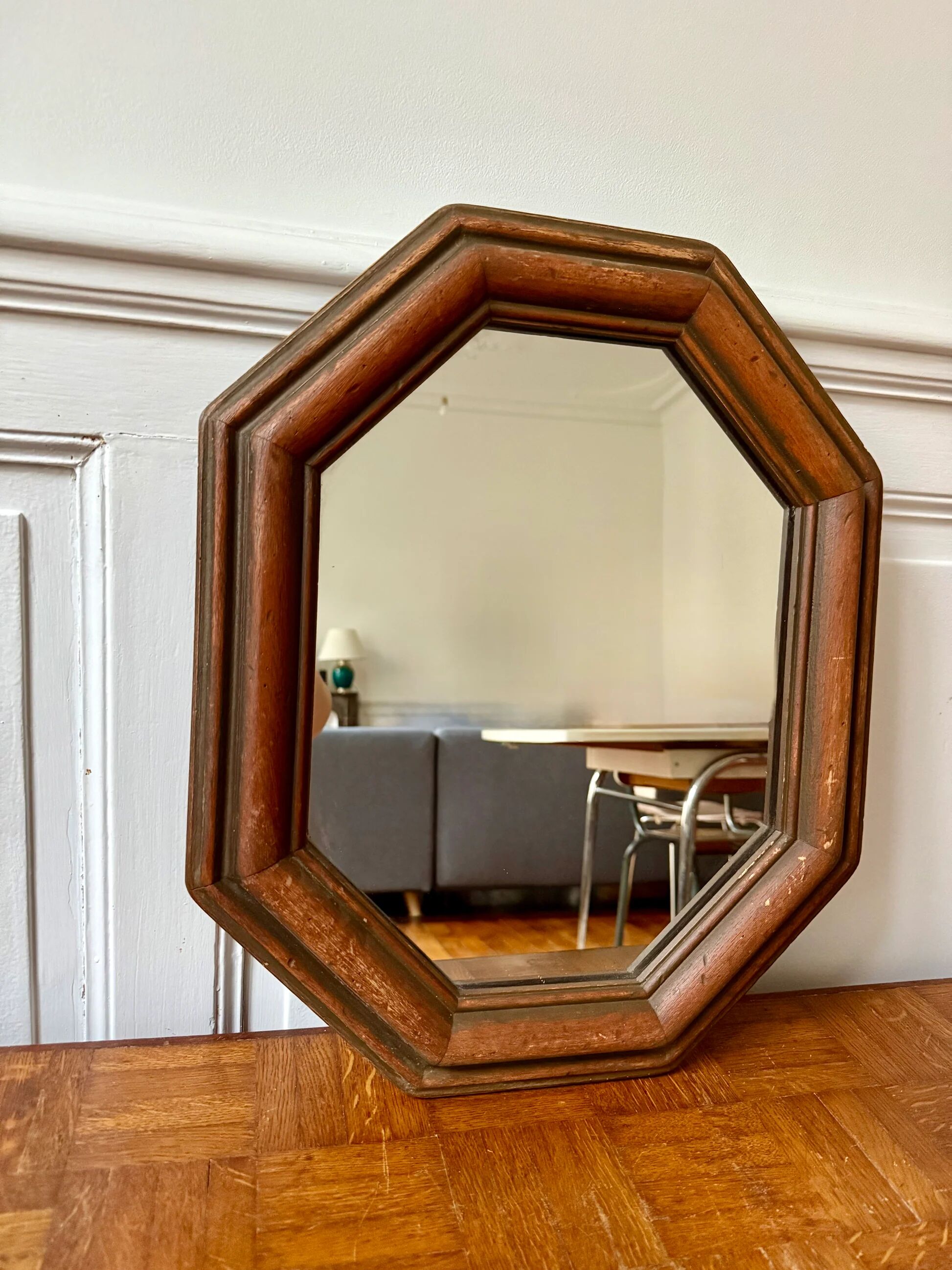 Octagonal wooden mirror