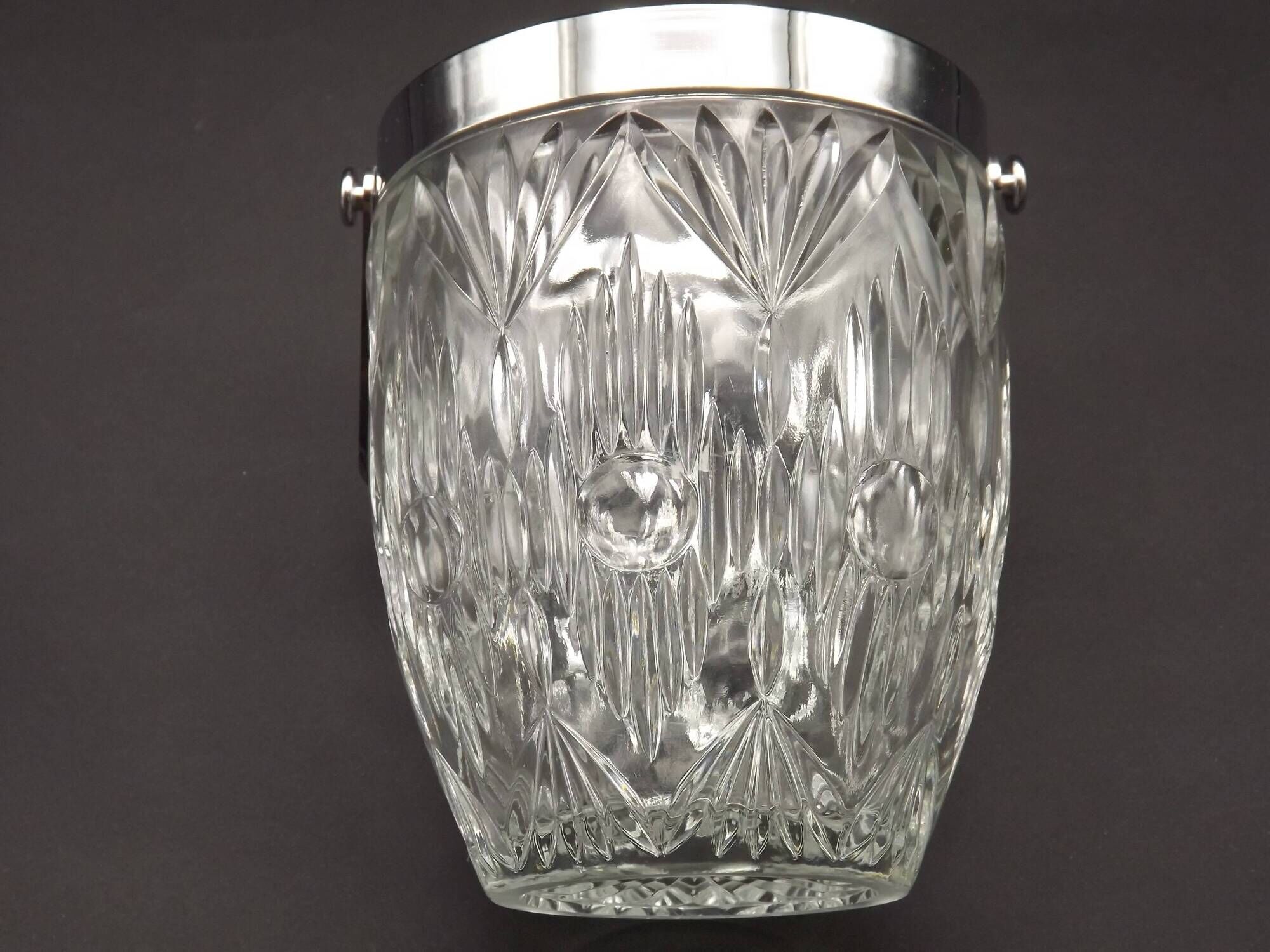 Quality Cut Glass French Vintage Ice Bucket Silver Metal Carry Handle 4507