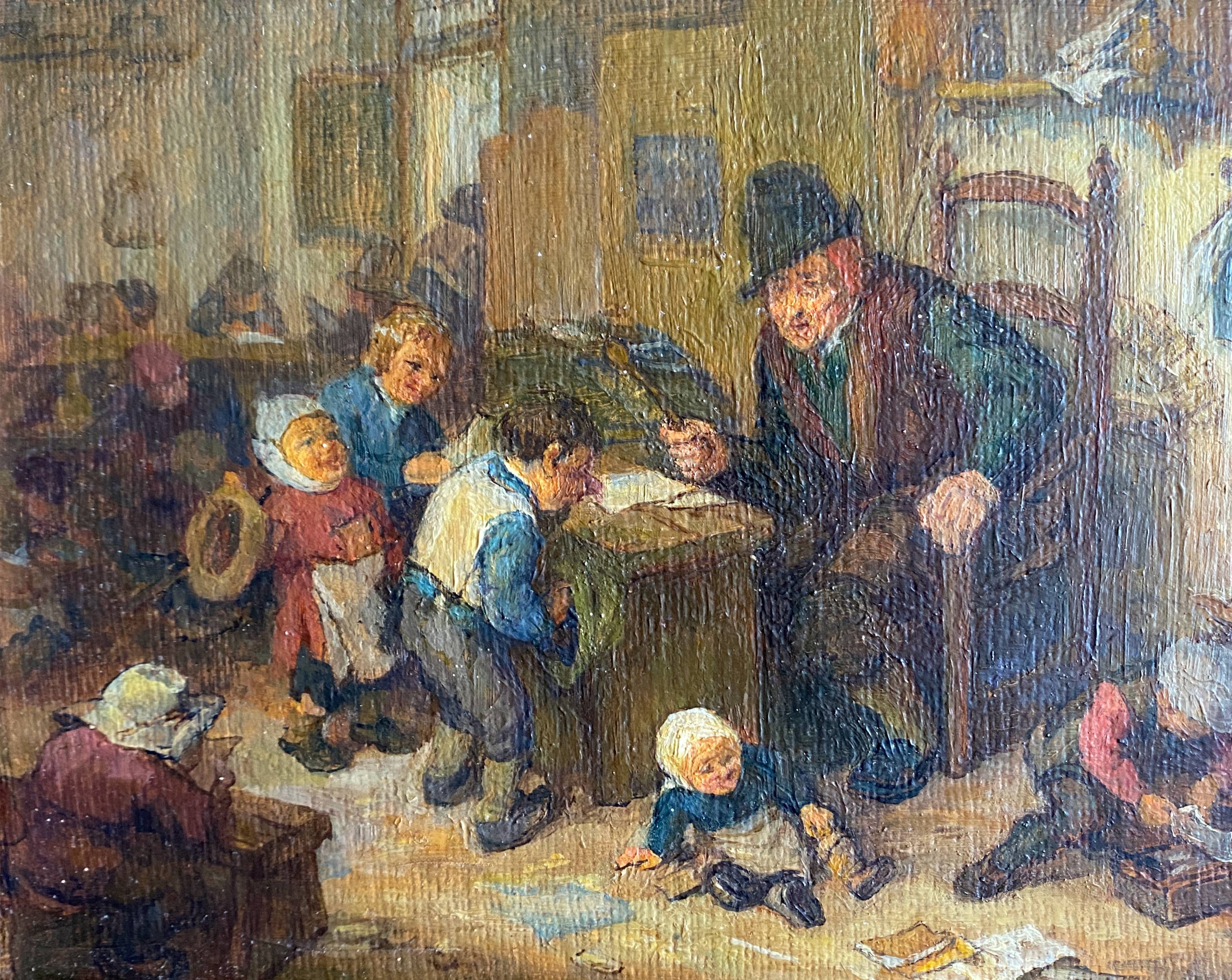 Painting "The schoolmaster" old copy of the Louvre of Mahudez cf. Van Ostade