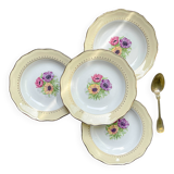 4 vintage porcelain soup plates with white and golden yellow floral pattern L'Amandinoise "Coopélia"