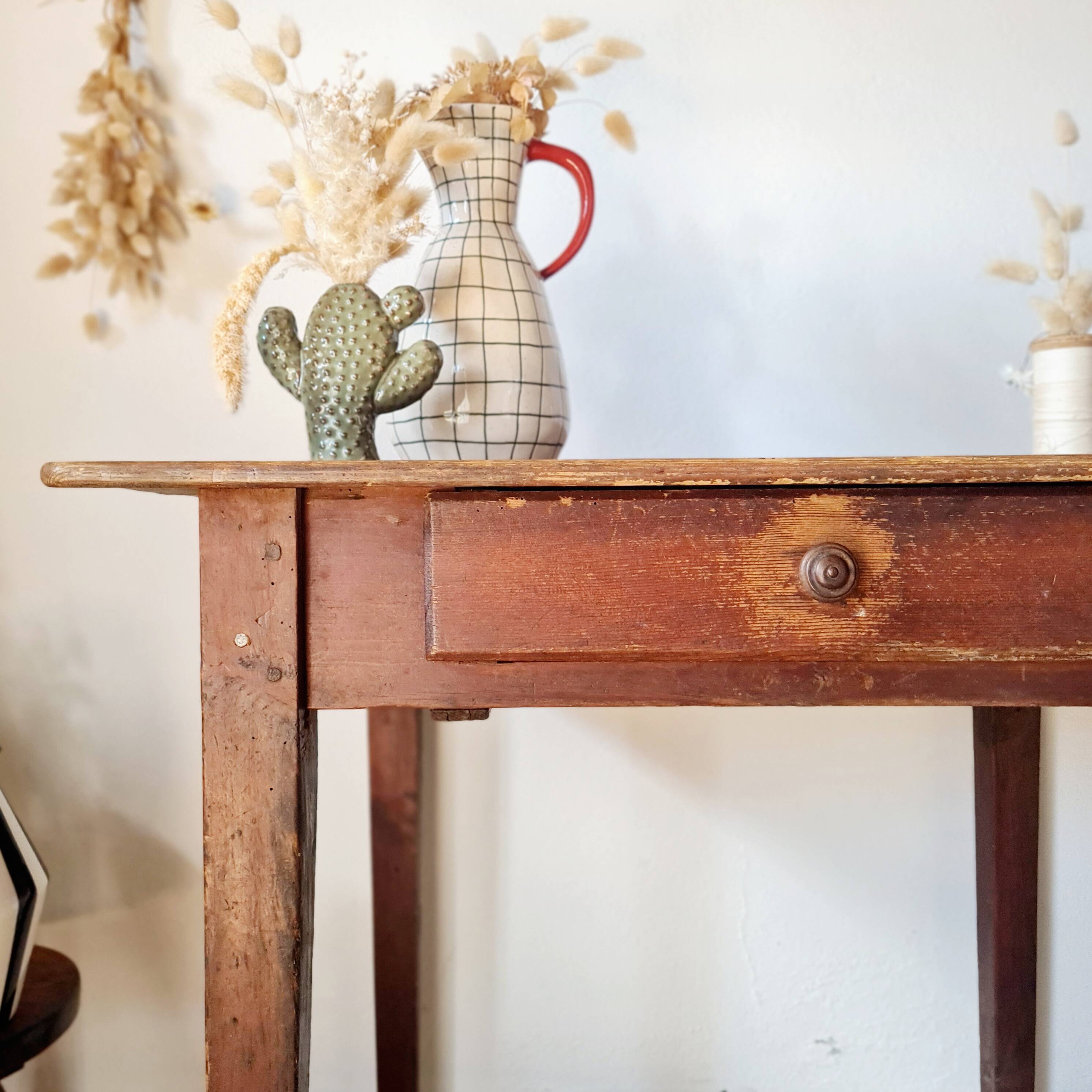 Small antique farmhouse table in wood – vintage rustic desk