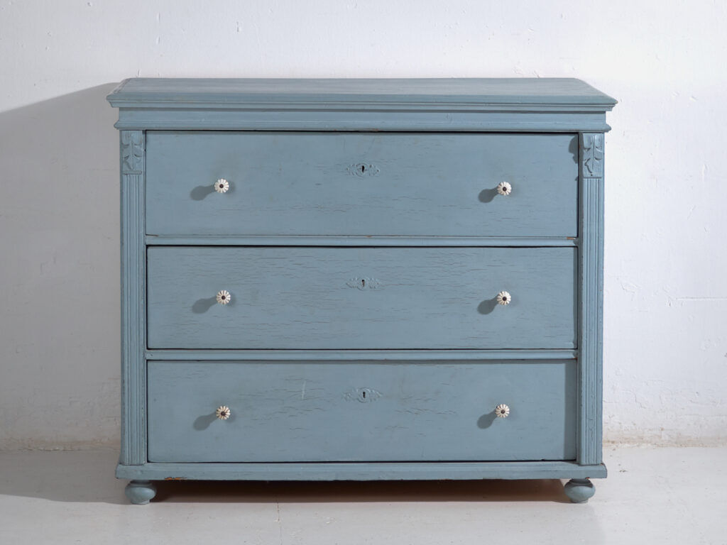 Antique painted pine chest of drawers – European rustic blue chest of drawers – circa 1900