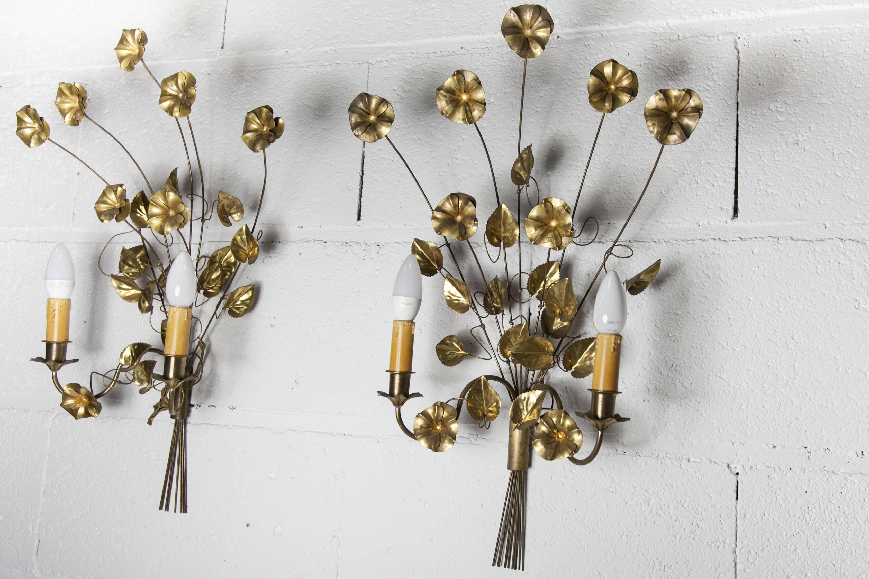 Pair of double flower bouquet sconces in brass 1960