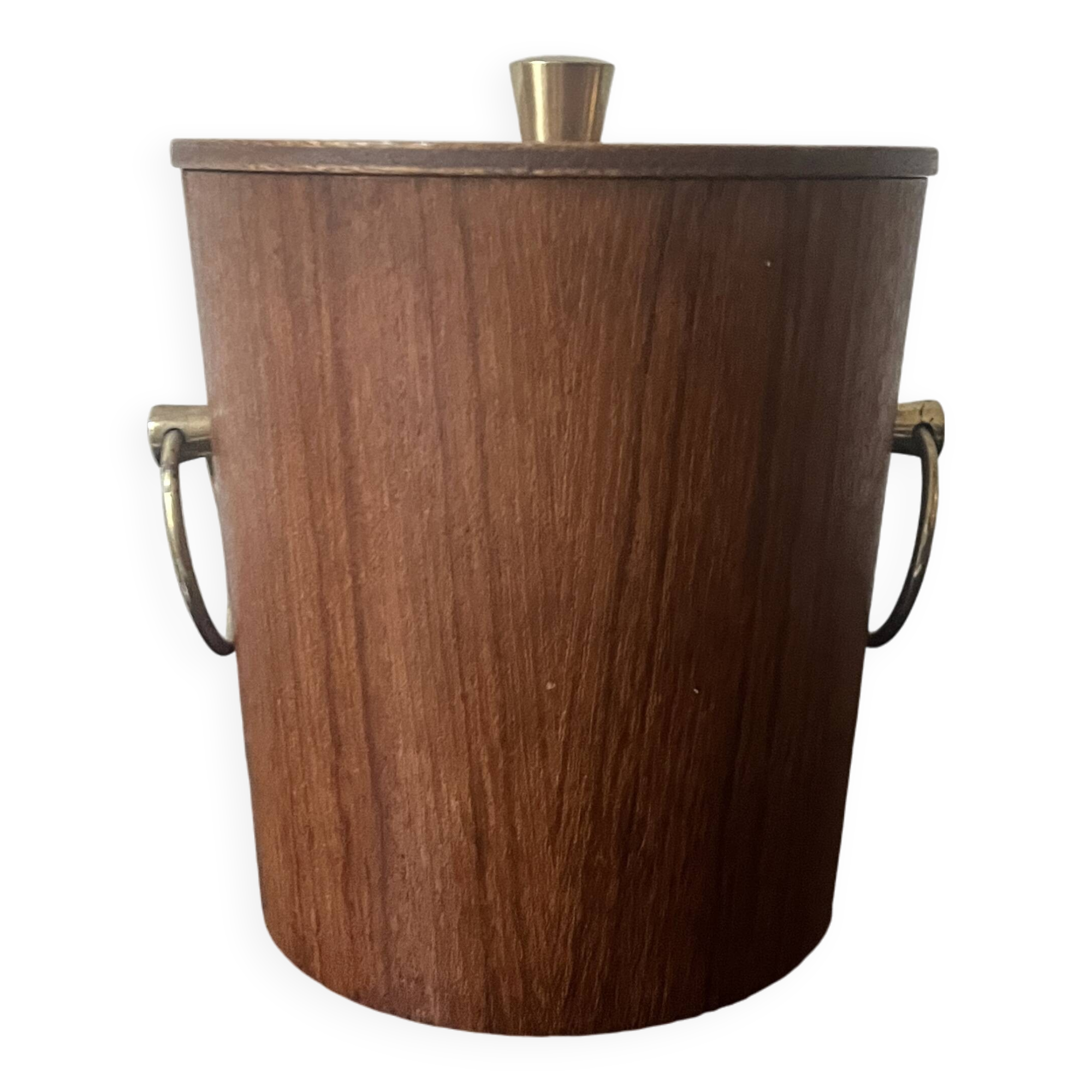 Danish teak wood ice bucket with brass handles, 1950s design
