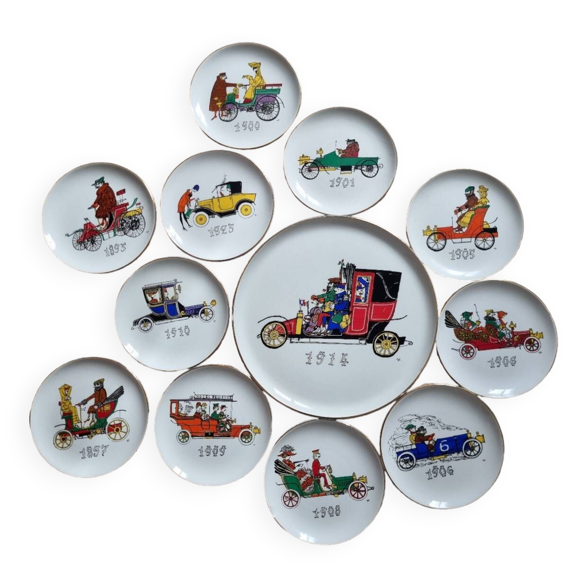 Dessert plates and their Gien earthenware dish illustrated by J. Charmoz automobile theme
