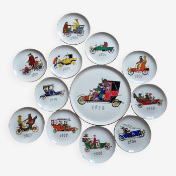 Dessert plates and their Gien earthenware dish illustrated by J. Charmoz automobile theme