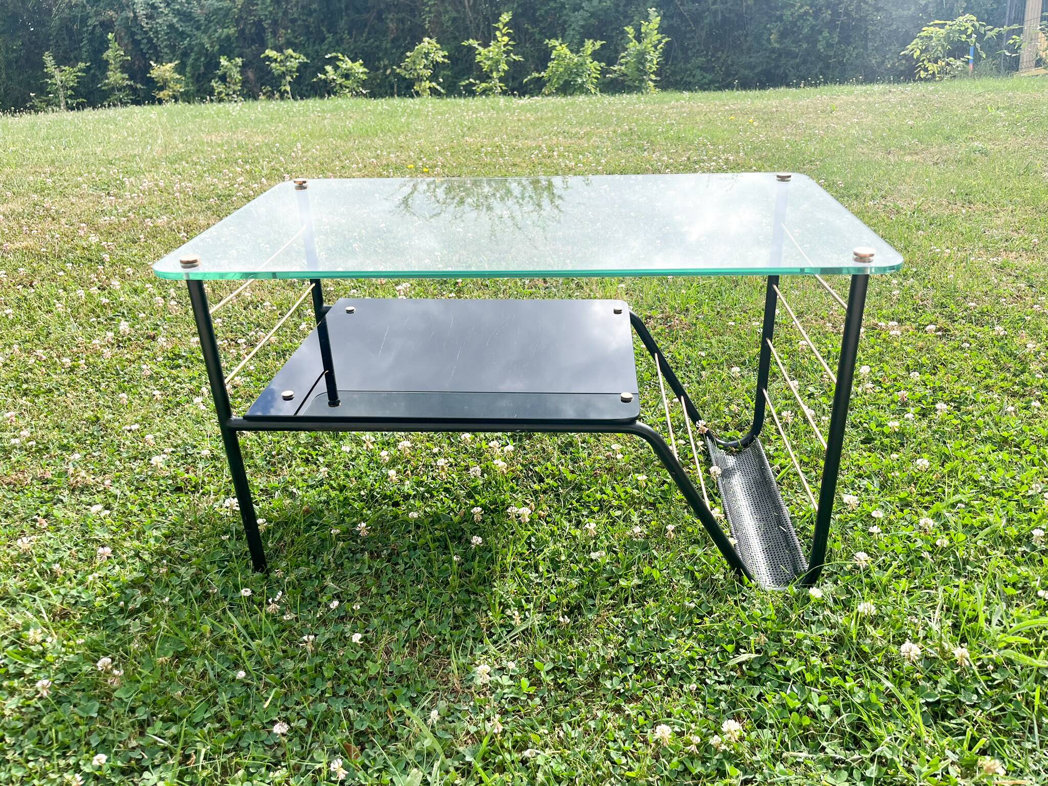 Roche Bobois metal and glass coffee table with magazine rack from the 50s