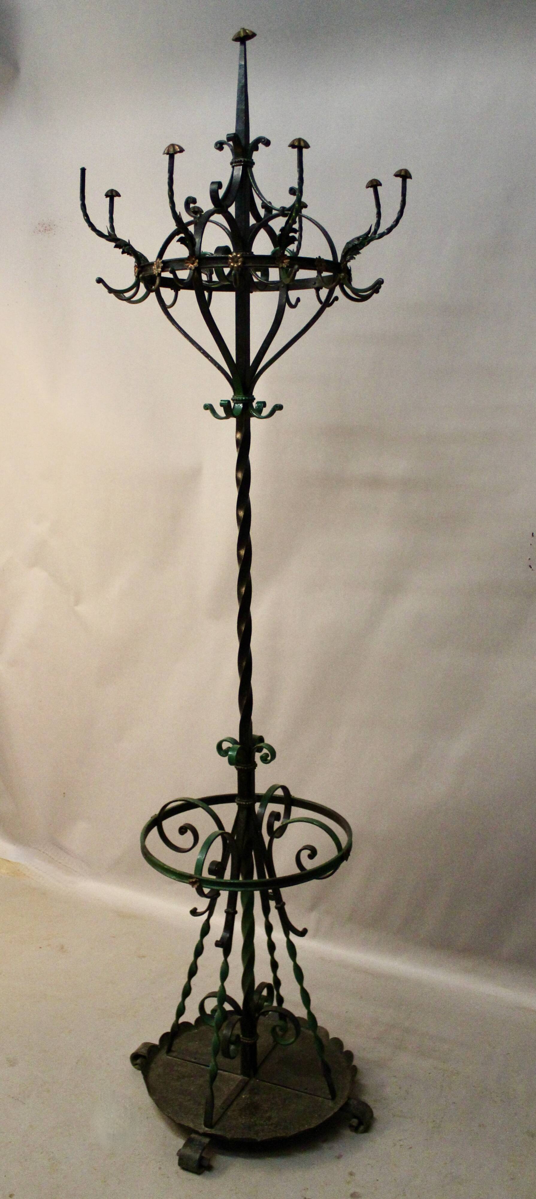 Polychrome Wrought Iron Coat Rack and Umbrella Stand