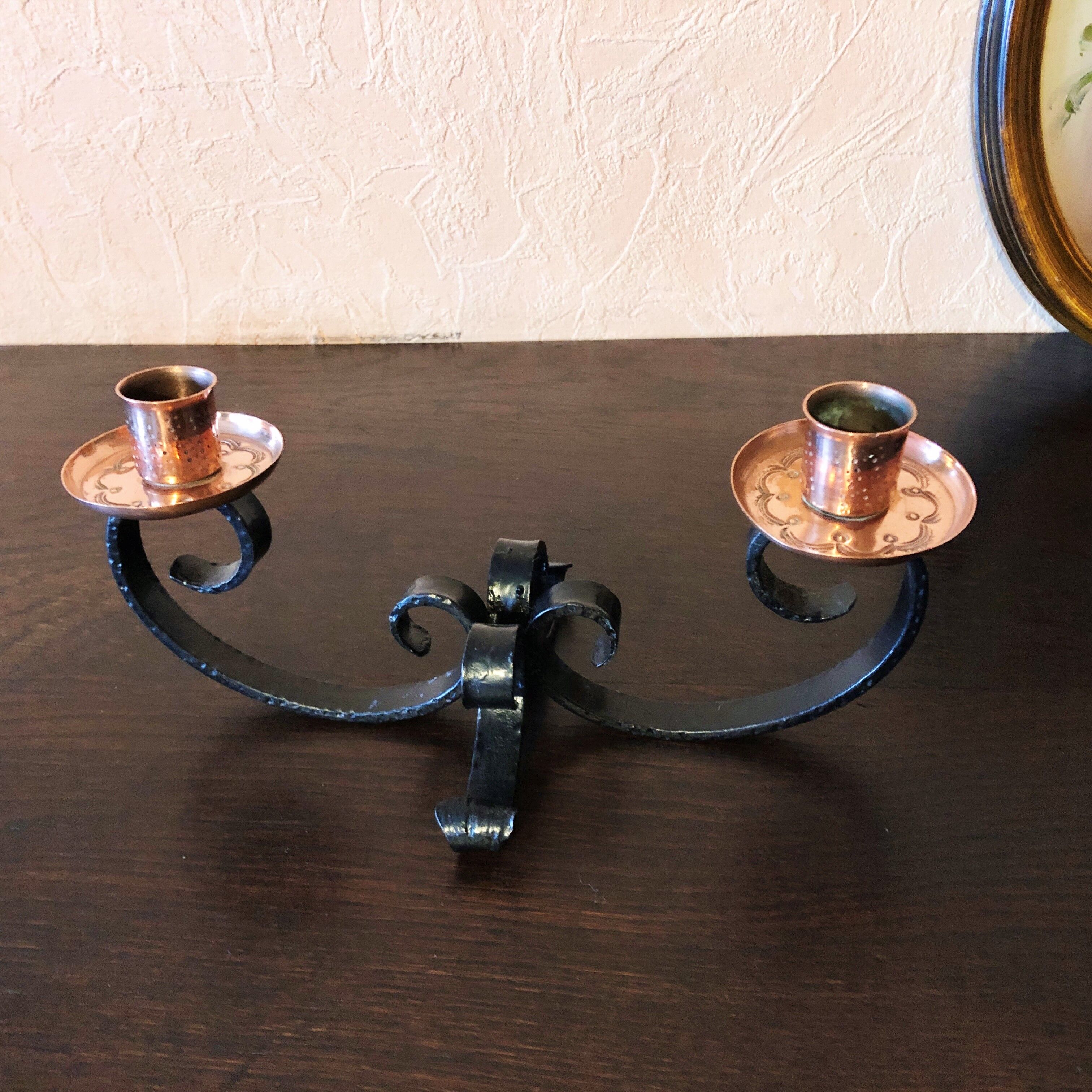 Bougeoir chandelier artisanal fer forgé et cuivre rouge ciselé