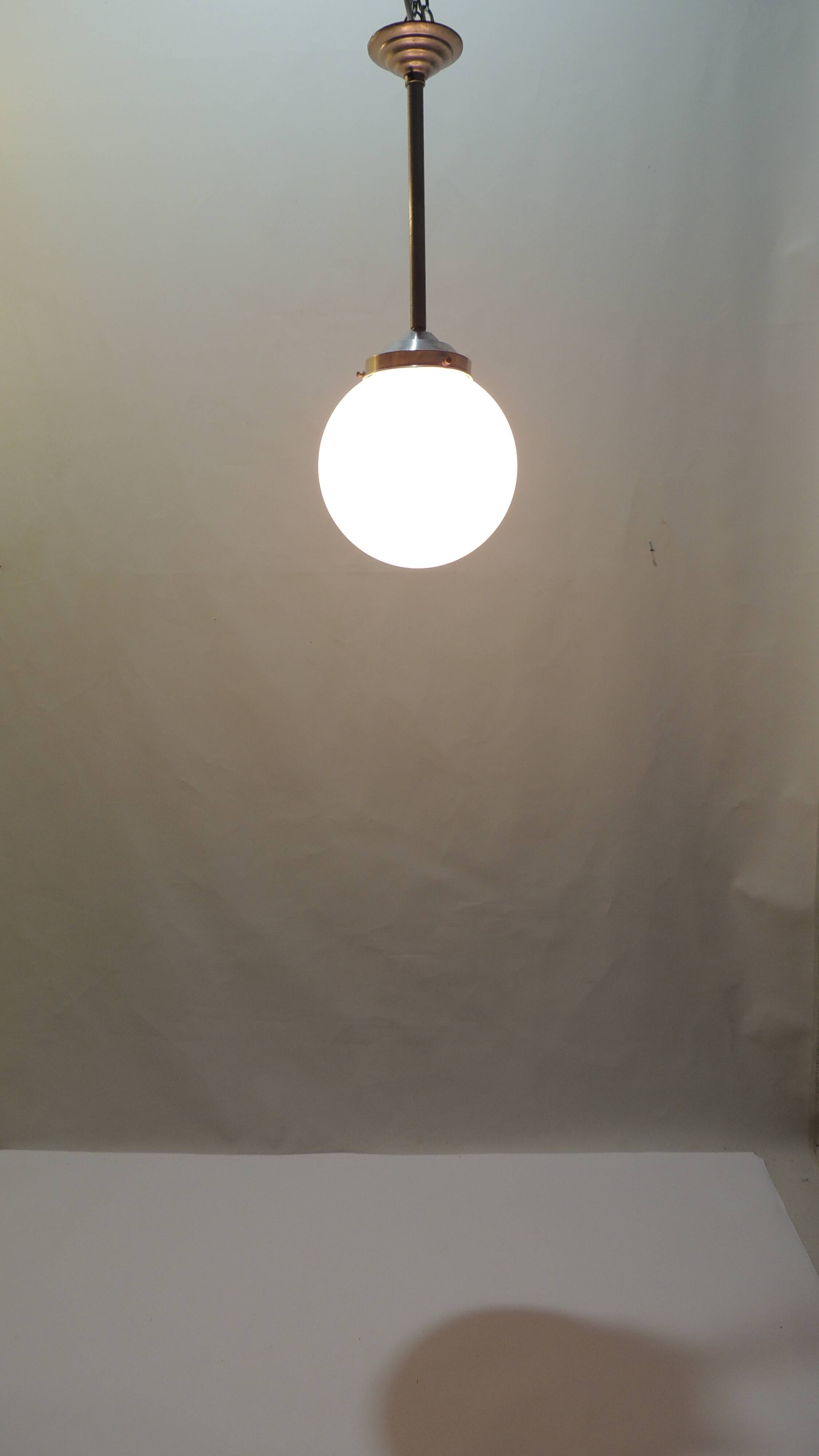 Vintage suspension in aluminum metal and opaline glass globe – Industrial design