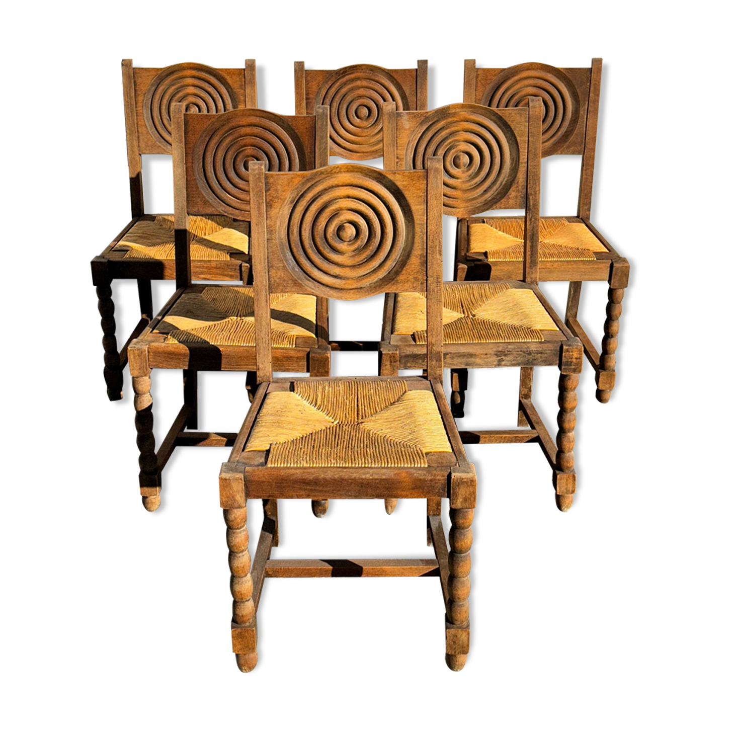 6 rustic style chairs, wood and straw, 1940