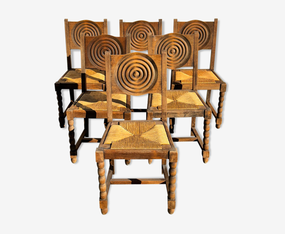 6 chaises de style rustique, bois et paille, 1940