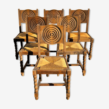 6 rustic style chairs, wood and straw, 1940