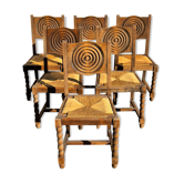 6 rustic style chairs, wood and straw, 1940