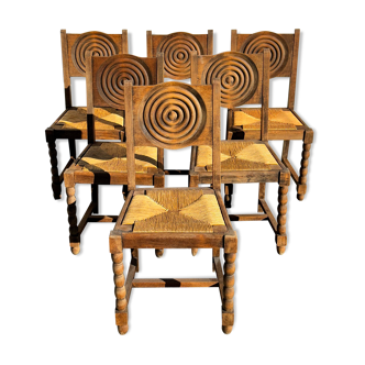 6 chaises de style rustique, bois et paille, 1940