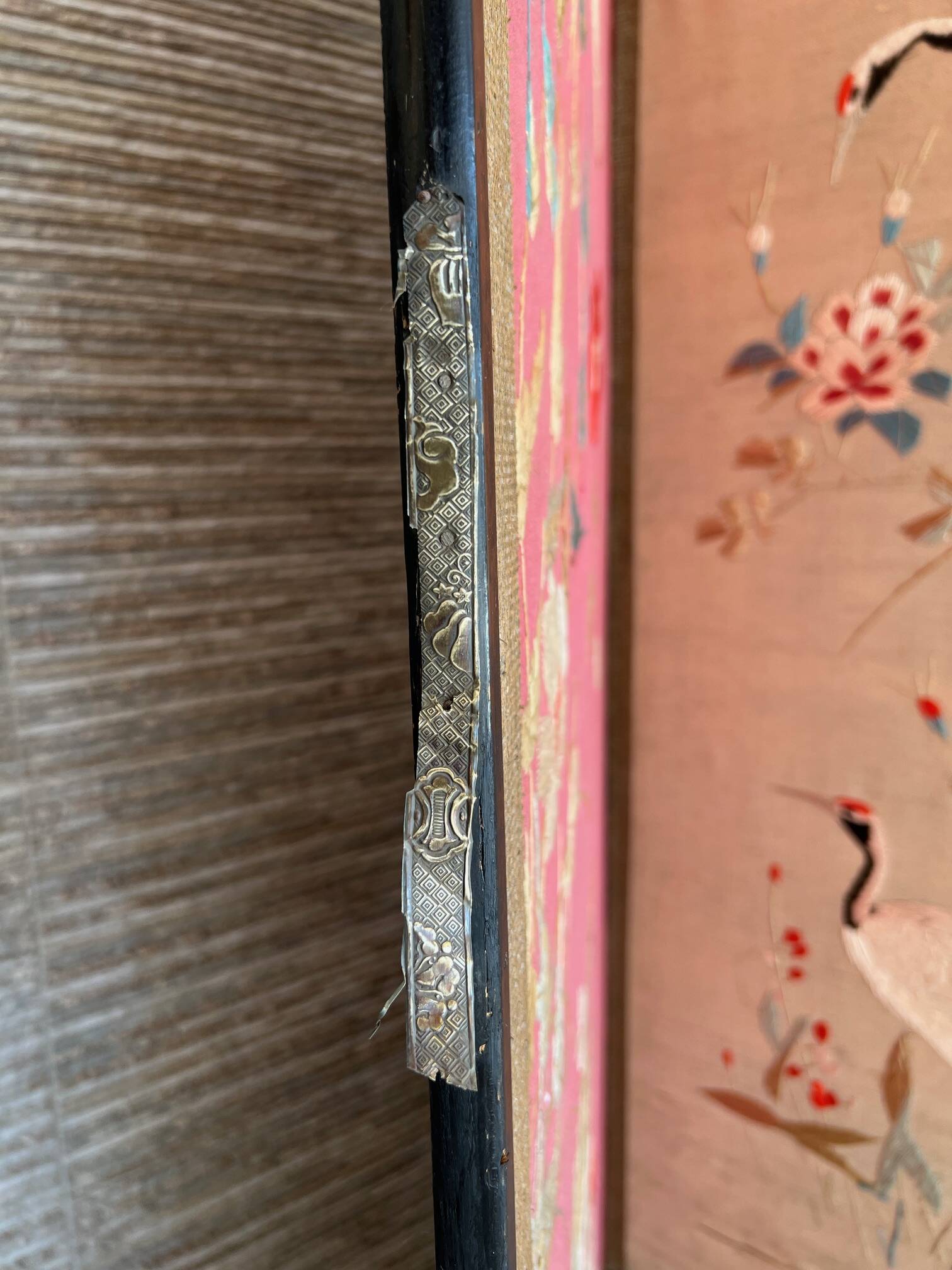 4-panel Japanese screen, 19th century, bird silk embroidery