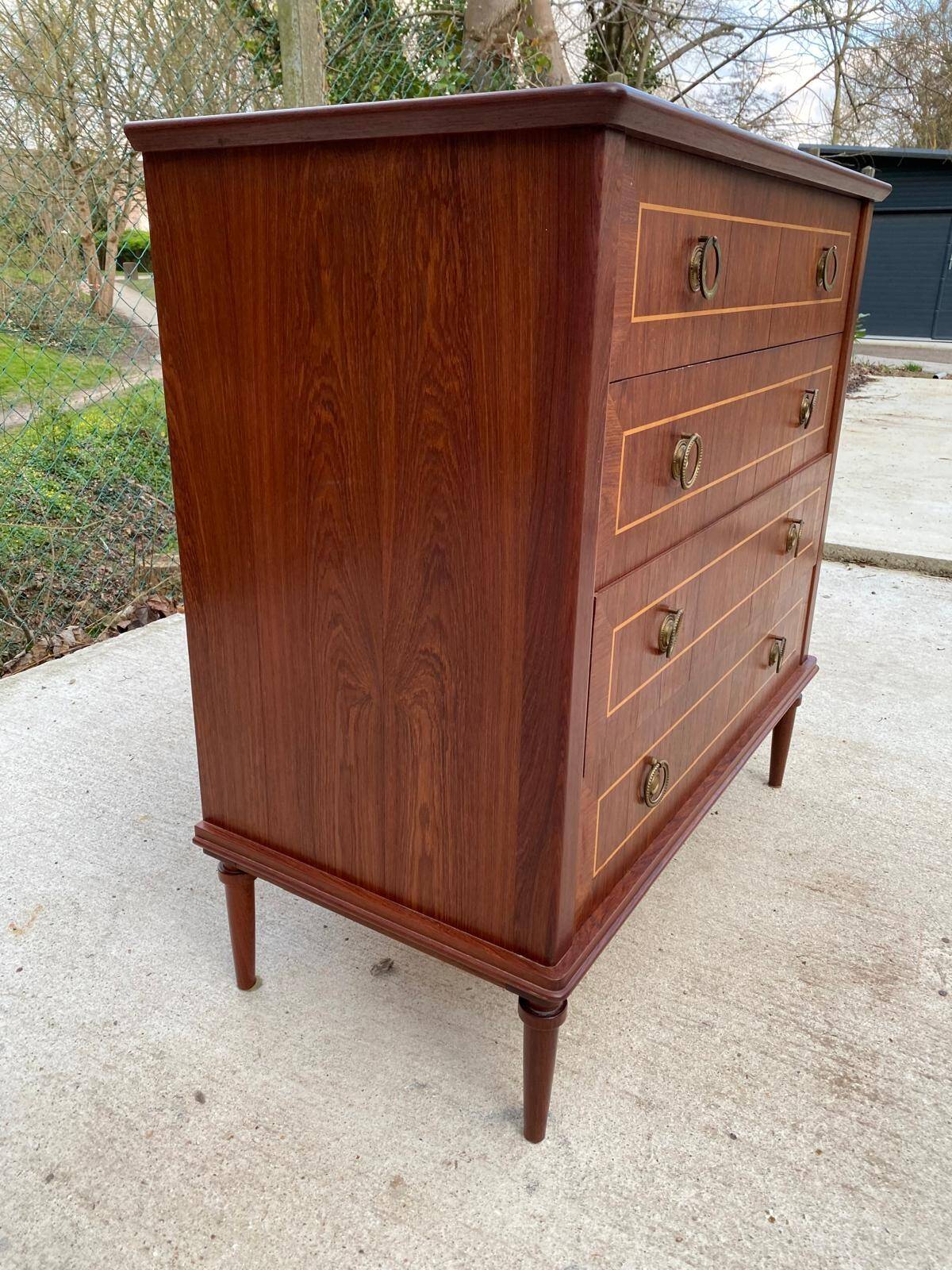 Louis XVI Empire style chest of drawers in solid teak wood with 4 drawers