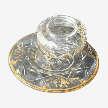 Plate + cut, Baccarat or Saint Louis crystal, geometric décor and fine gold