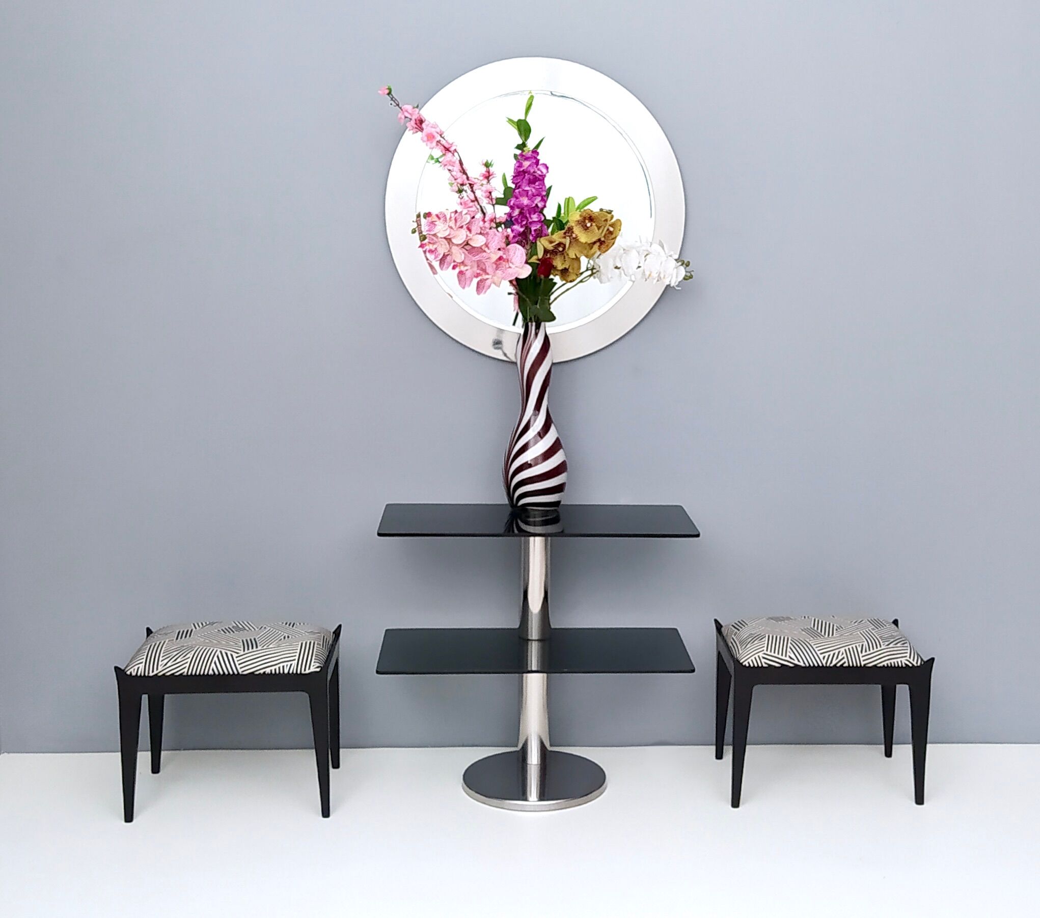 Postmodern Chromed Metal Console Table with Two Smoked Glass Shelves, Italy