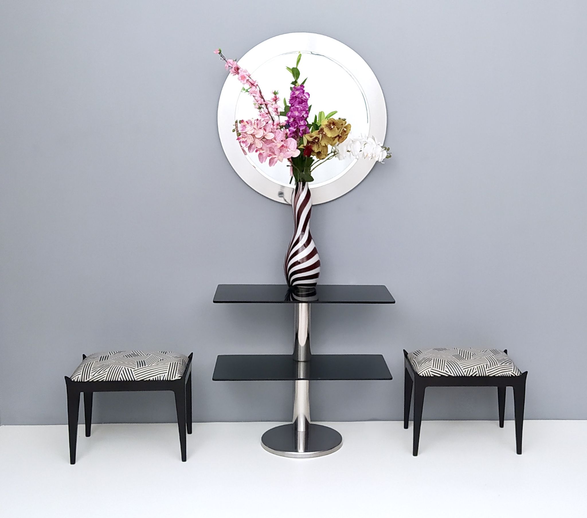Postmodern Chromed Metal Console Table with Two Smoked Glass Shelves, Italy