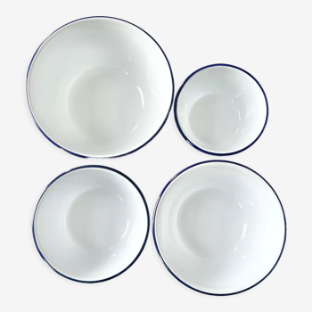 Ensemble de 4 bols en tôle émaillée blanc et bleu marine
