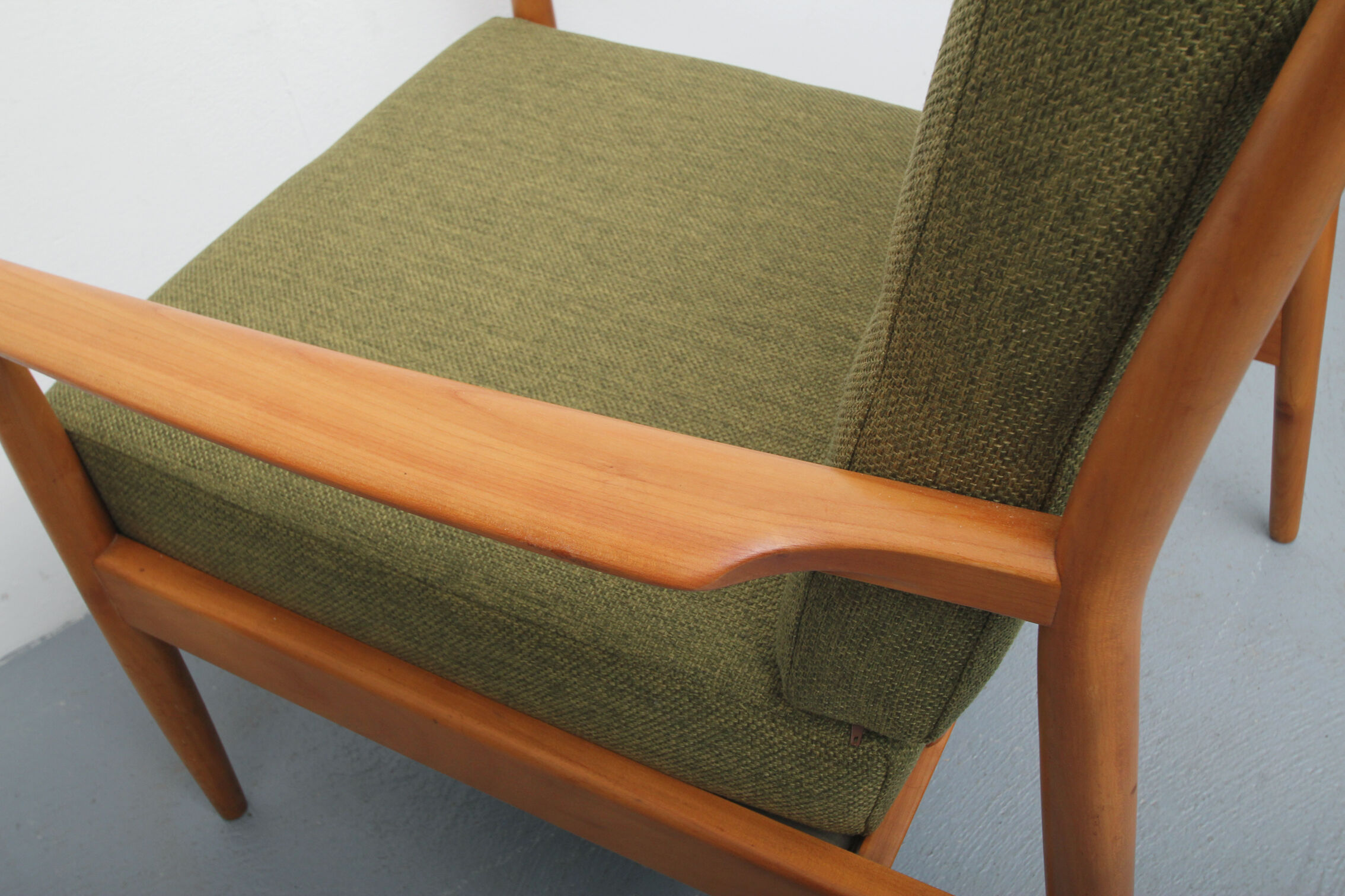 1960s armchair in cherrywood, new cushions in green