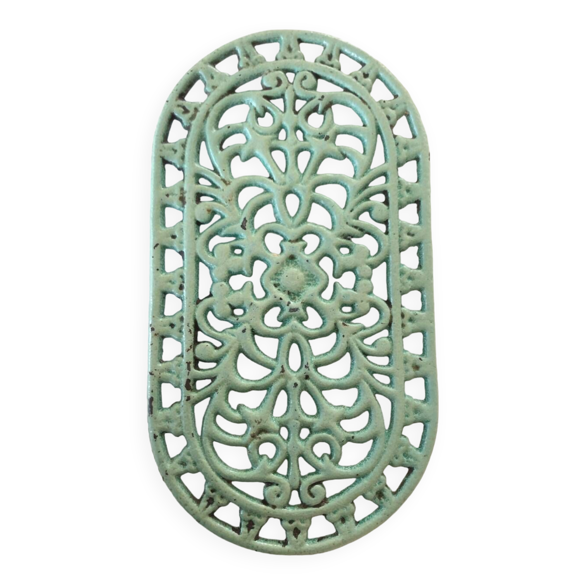Oval trivet in green enameled cast iron