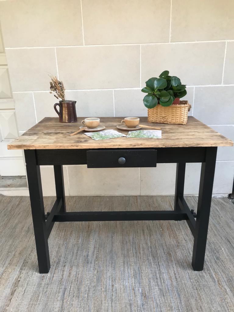 Old farm dining table, solid wood and black foot