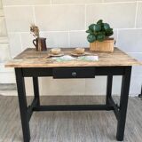 Old farm dining table, solid wood and black foot