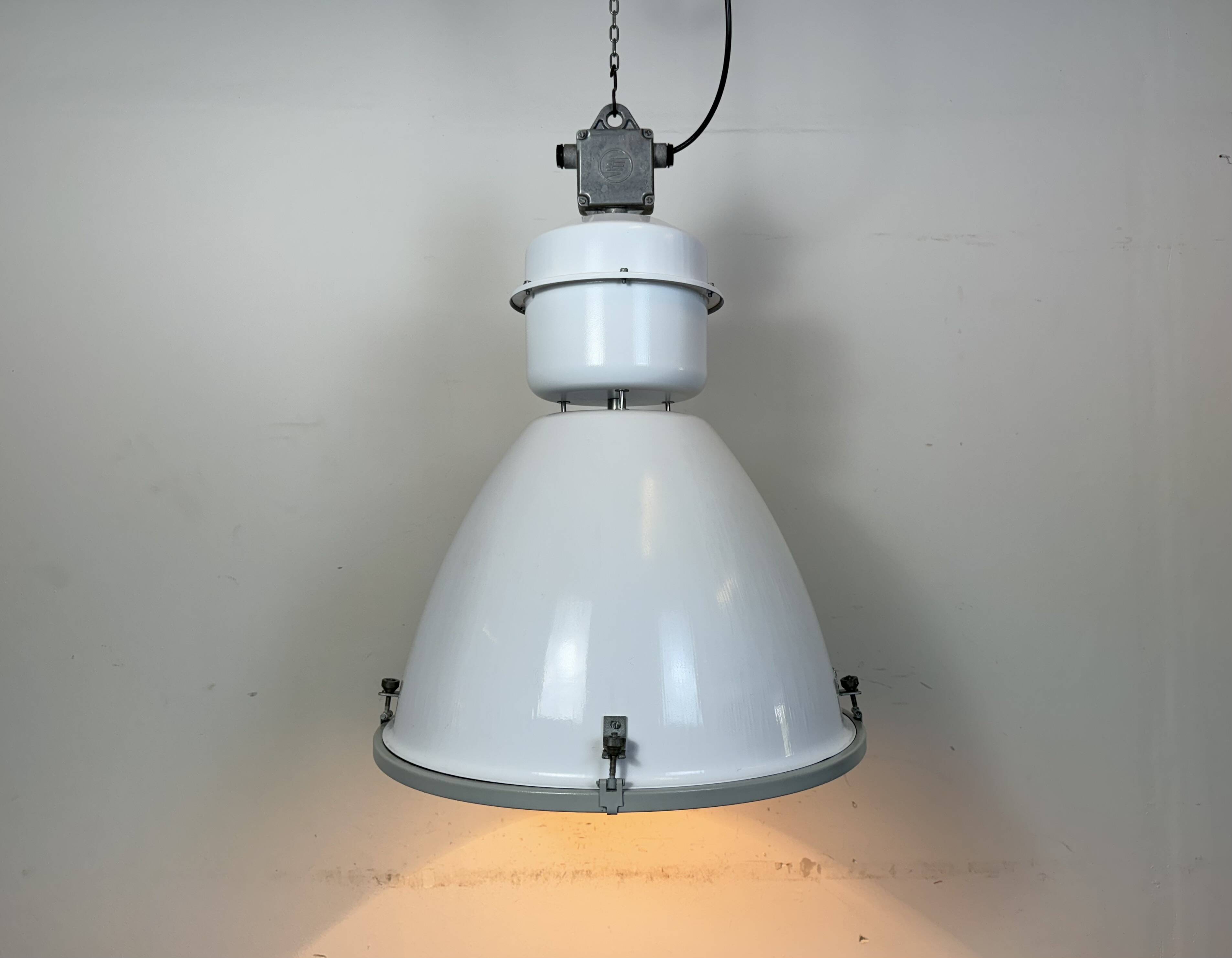 Large White Enamel Industrial Factory Lamp with Glass Cover, 1990s