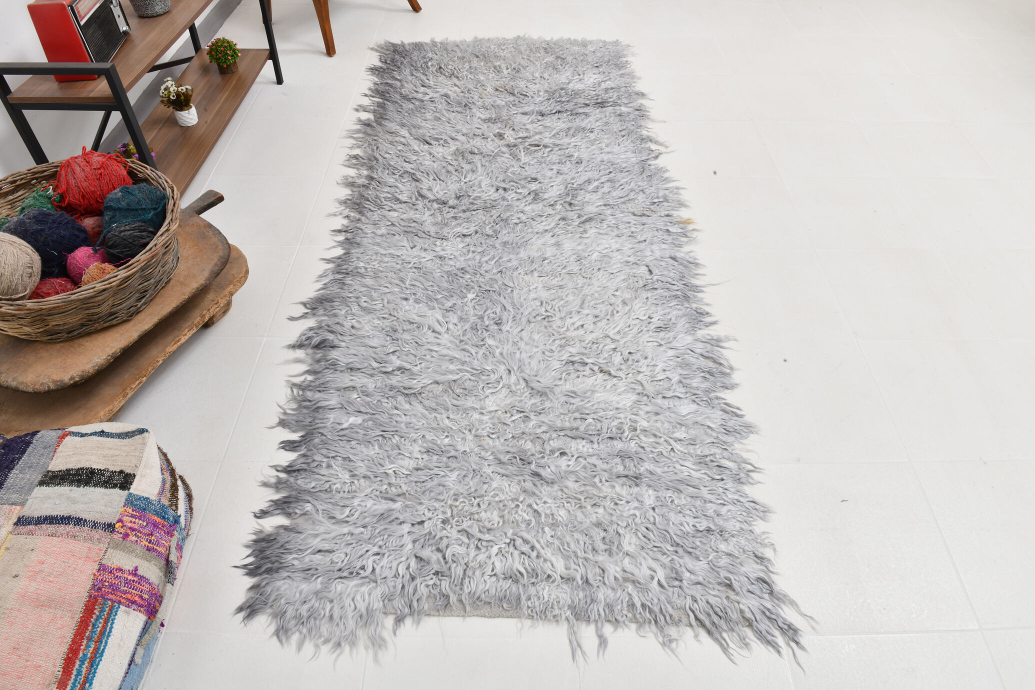Wool gray turkish runner rug 262x96cm