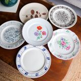 Set of 6 mismatched flat plates with vintage flowers