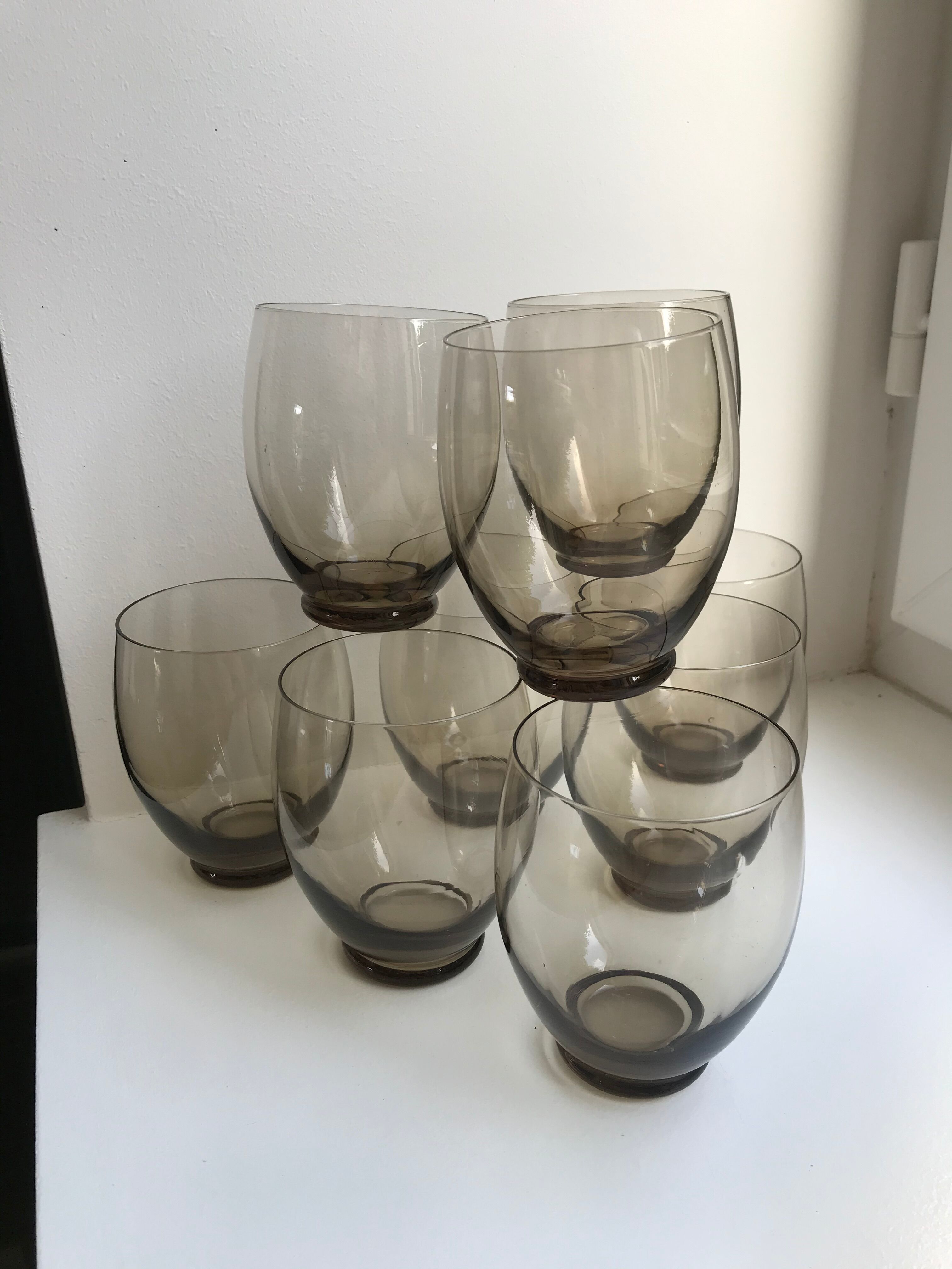 Set of 9 large design art deco smoked glass water glasses 30s
