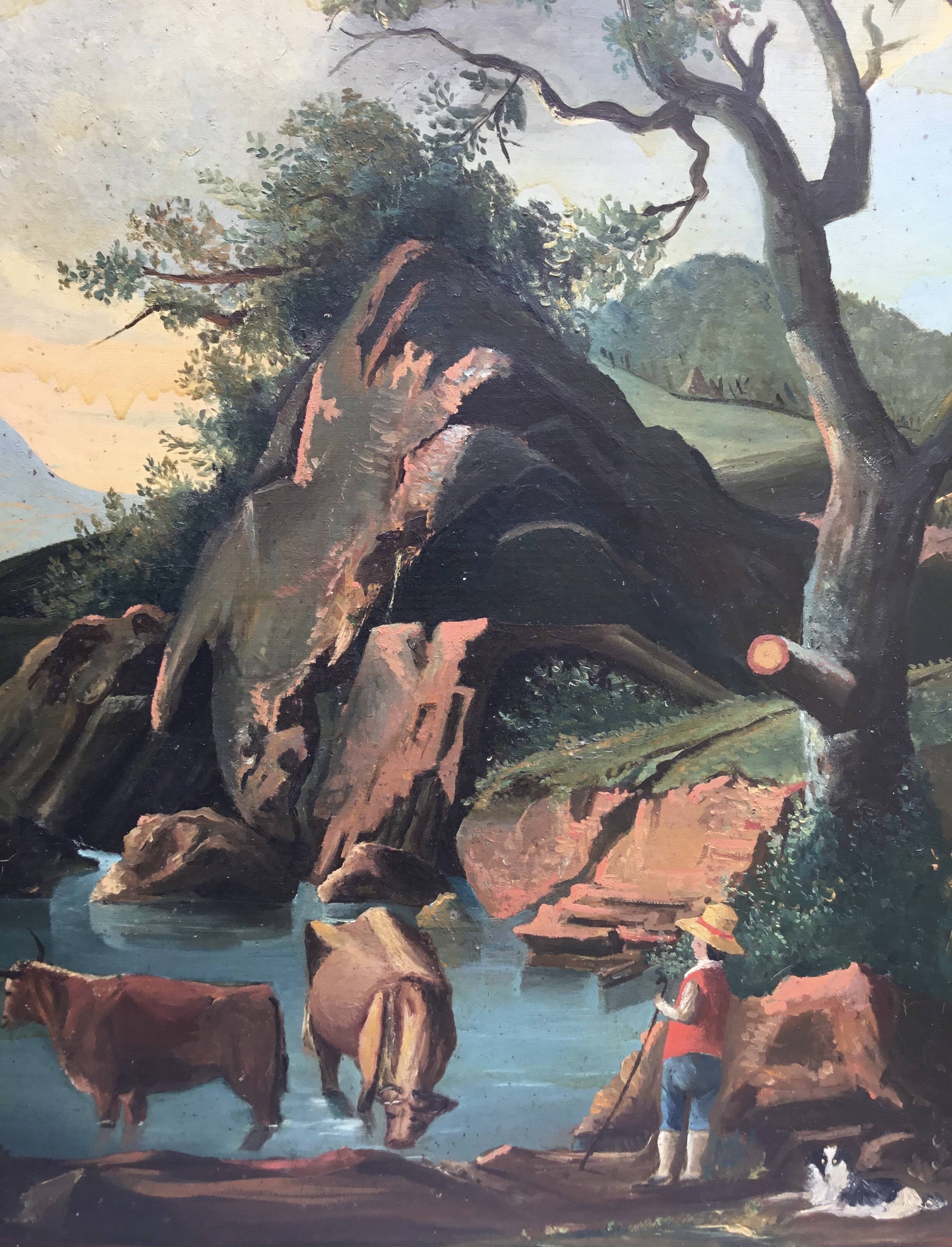 French school of the 18th century. Landscape with cows, oil on canvas.